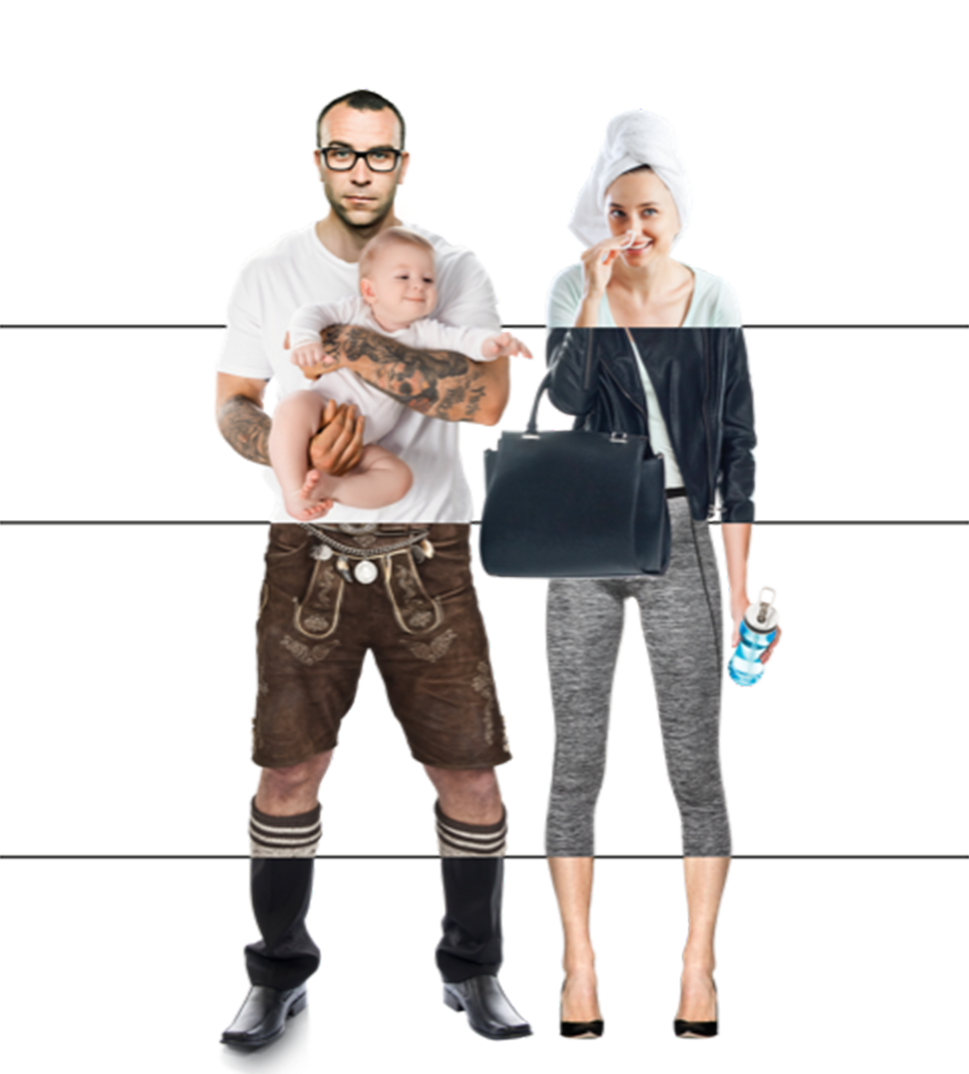 Tatowierter Mann mit Lederhose und Baby im Arm und Frau mit Handtasche Leggins und Wasserflasche