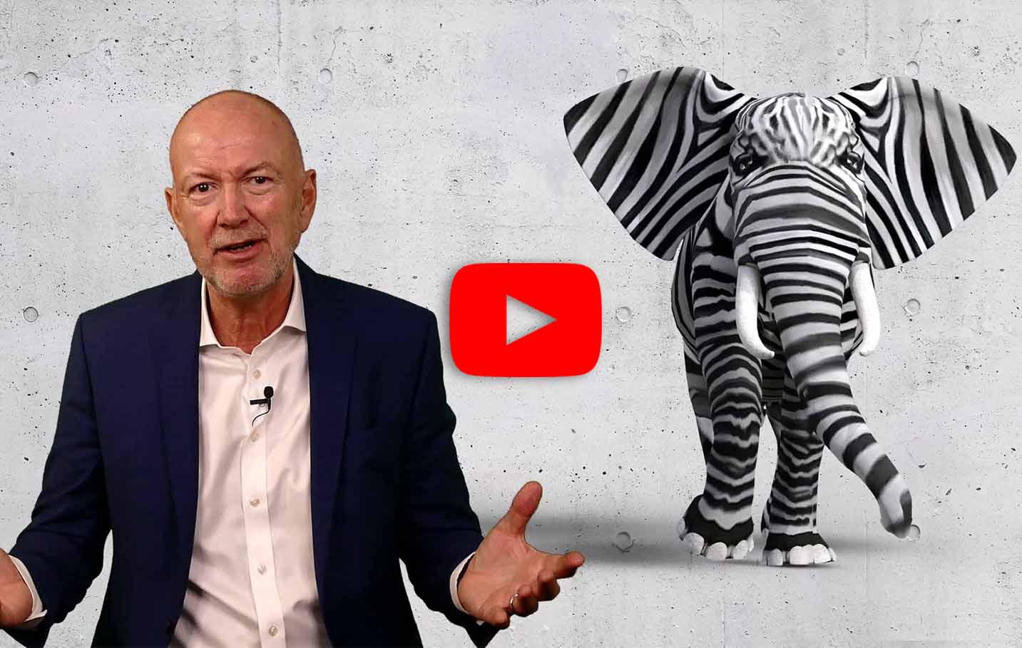Ralph Ohnemus mit zebra-gestreiftem Elefant im Hintergrund und Youtube-Logo.